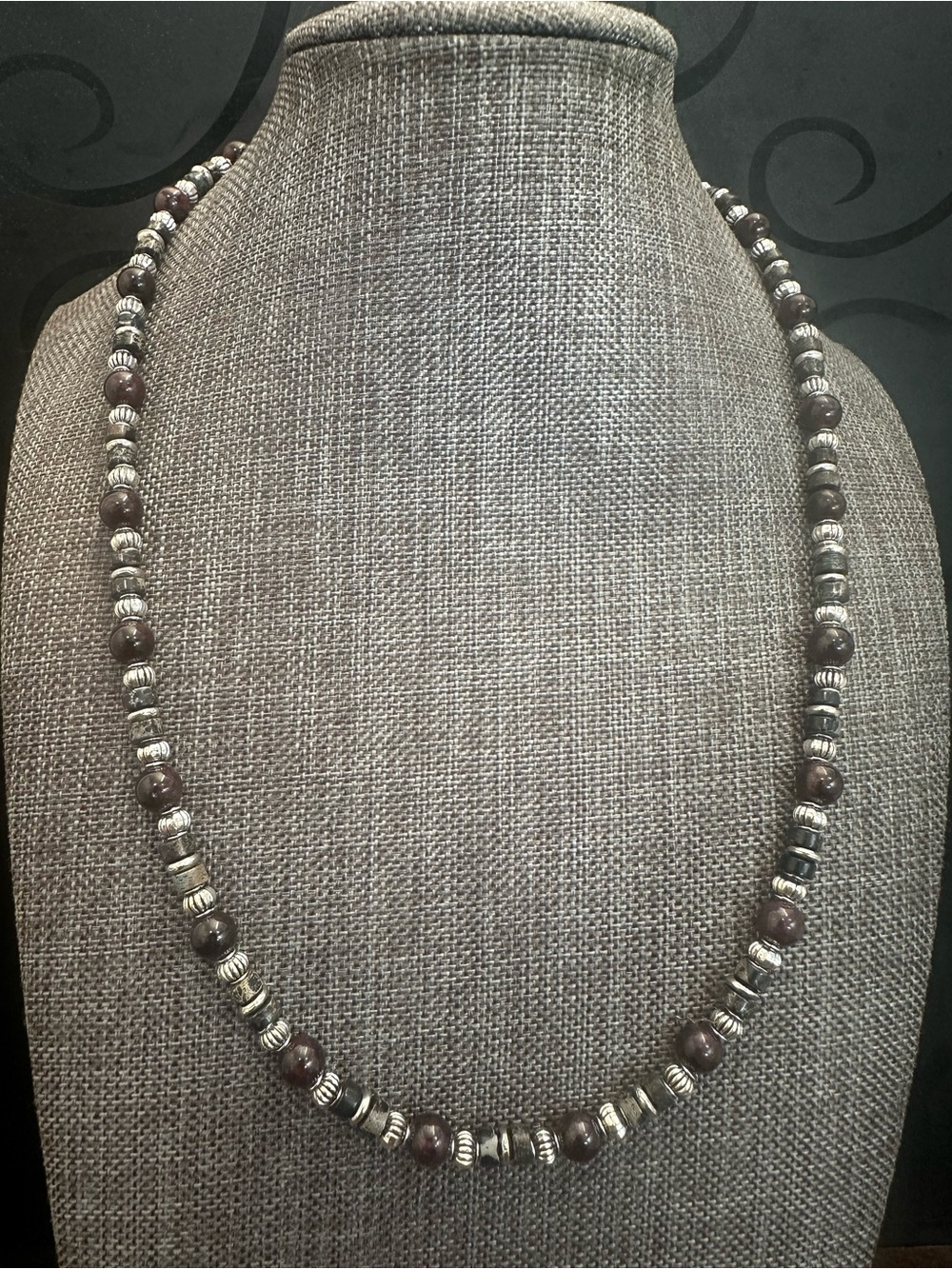 Handmade Boho Style Almandine Garnet Bead and Silver Accent Necklace .